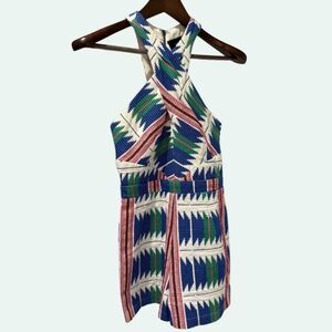 Adelyn Rae Aztec Blue, Green, Coral & White Embroidered Halter Romper Size XS